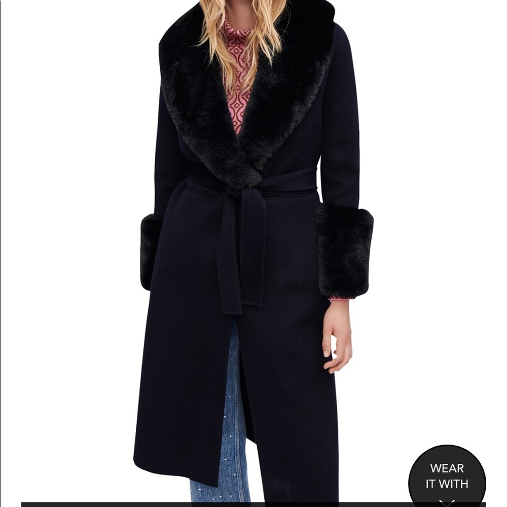 Maje Galaxyra Faux Fur Trim Fuzzy Coat sz L 42